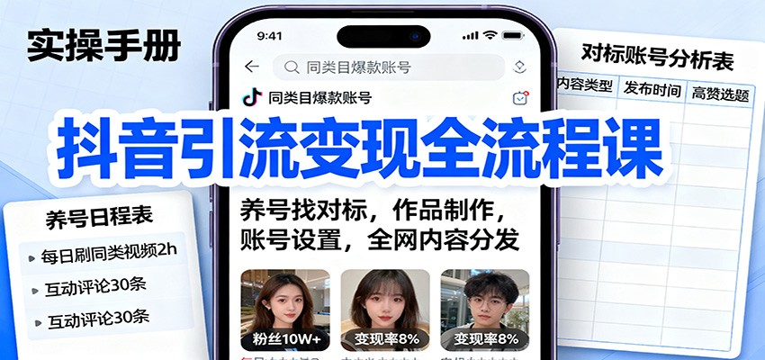 抖音引流变现全流程课：养号找对标，作品制作，账号设置，全网内容分发-云阁资源网