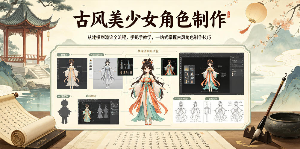 古风美少女角色制作,从建模到渲染全流程,手把手教学,一站式掌握古风角色制作技巧-云阁资源网