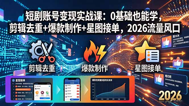 短剧账号变现实战课：0基础也能学，剪辑去重+爆款制作+星图接单，2026流量风口-云阁资源网