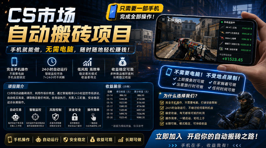 手机即可操作的CS市场自动搬砖系统｜自动监控｜自动下单|日入300+【揭秘】-云阁资源网