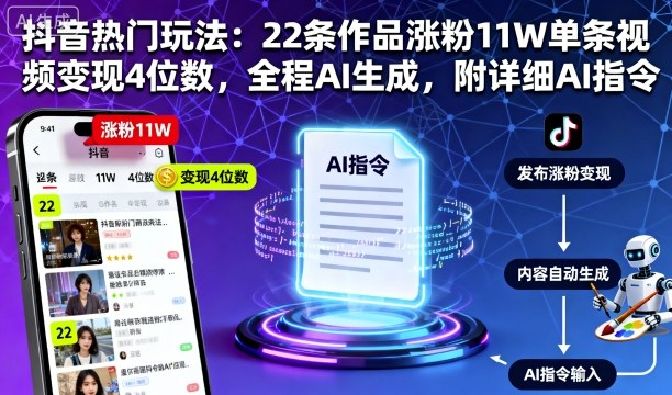 抖音热门玩法：22条作品涨粉11W单条视频变现4位数，全程AI生成，附详细AI指令-云阁资源网