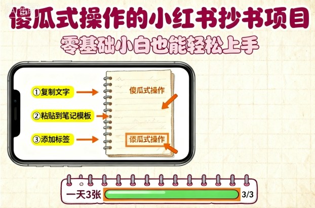 傻瓜式操作的小红书抄书项目，会复制粘贴就行，零基础小白也能一天3张-云阁资源网
