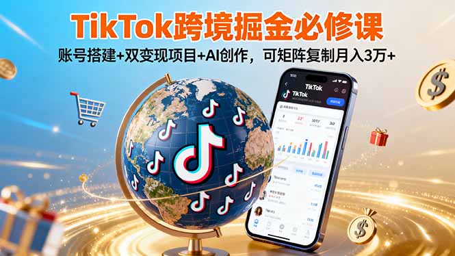 TikTo跨境掘金必修课，账号搭建+双变现项目+AI创作，可矩阵复制月入3万+-云阁资源网