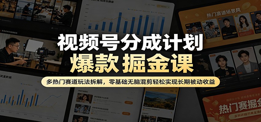 视频号分成计划爆款掘金课：多热门赛道玩法拆解，零基础无脑混剪轻松实现长期被动收益-云阁资源网