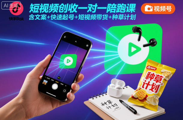 短视频创收一对一陪跑课,含文案+快速起号+短视频带货+种草计划