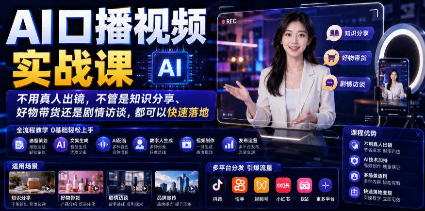 AI口播视频实战课，不用真人出镜，不管是知识分享、好物带货还是剧情访谈，都可以快速落地-云阁资源网