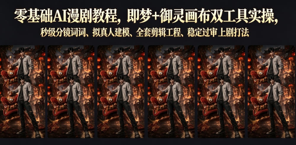 零基础AI漫剧教程，即梦+御灵画布双工具实操，秒级分镜提示词、拟真人建模、全套剪辑工程、稳定过审上剧打法-云阁资源网