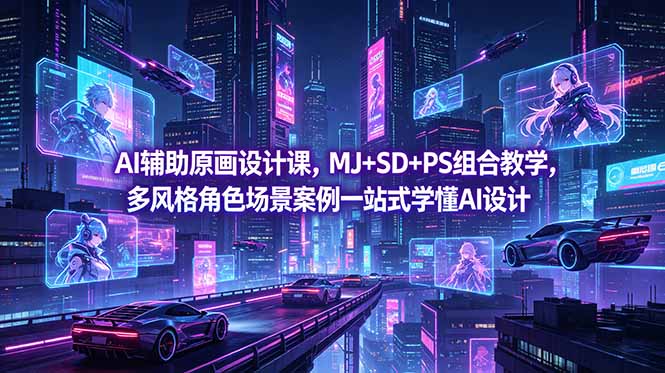 AI辅助原画设计课，MJ+SD+PS组合教学，多风格角色场景案例一站式学懂AI设计-云阁资源网
