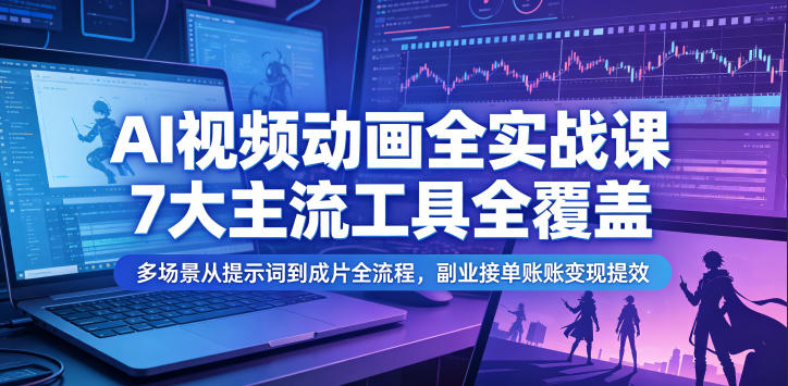 AI视频动画全实战课,7大主流工具全覆盖,多场景从提示词到成片全流程,副业接单账号变现提效-云阁资源网
