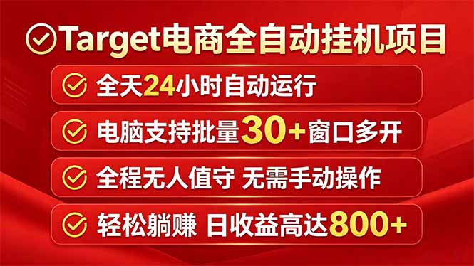 Target电商全自动挂机项目全天自动运行电脑可批量30+窗口运行日收益入800+-云阁资源网