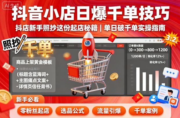 抖音小店日爆千单技巧，抖店新手照抄这份起店秘籍，单日破千单-云阁资源网