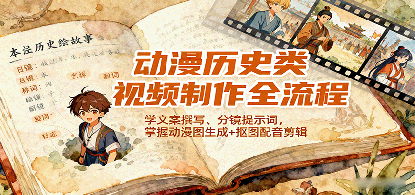 动漫历史类视频制作全流程，学文案撰写、分镜提示词，掌握动漫图生成+抠图配音剪辑-云阁资源网