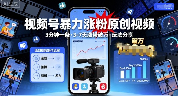 视频号暴力涨粉原创视频，3分钟一条原创视频，3-7天涨粉破万，玩法分享给你-云阁资源网