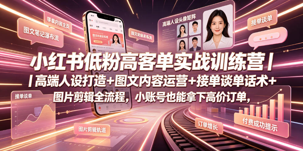 小红书低粉高客单实战训练营｜高端人设打造+图文内容运营+接单谈单话术+图片剪辑全流程，小账号也能拿下高价订单-云阁资源网