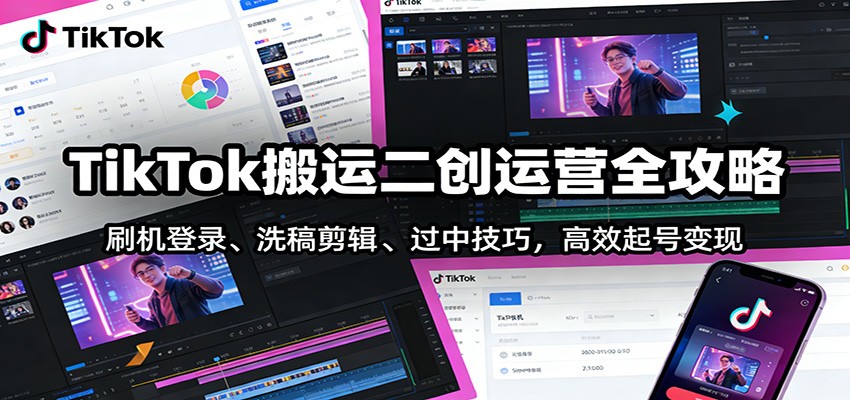 TikTok搬运二创运营全攻略:刷机登录、洗稿剪辑 、过中技巧,高效起号变现-云阁资源网