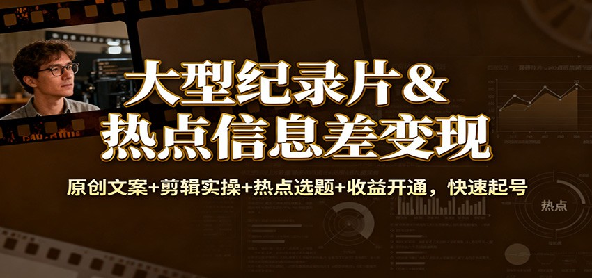 大型纪录片&热点信息差变现：原创文案+剪辑实操+热点选题+收益开通，快速起号-云阁资源网