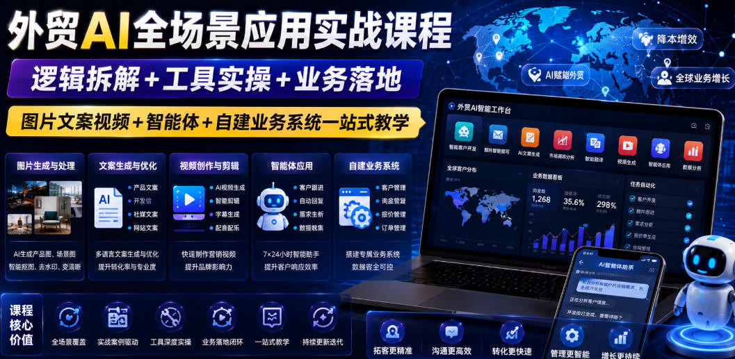 外贸AI全场景应用实战课程｜逻辑拆解+工具实操+业务落地，图片文案视频+智能体+自建业务系统一站式教学-云阁资源网